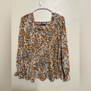 Hayden LA Floral Smocked Waist Boho Peplum Blouse Size Large